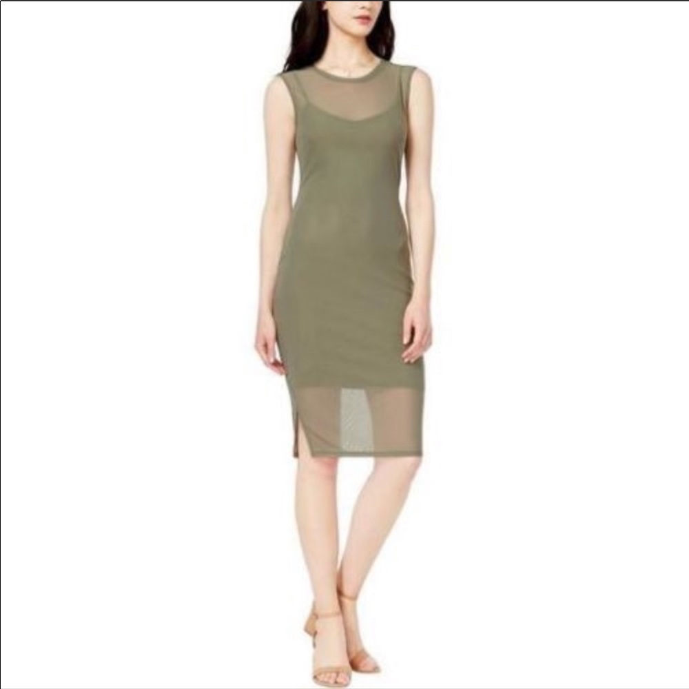 Bar III Sheer Mesh Bodycon Olive Dress